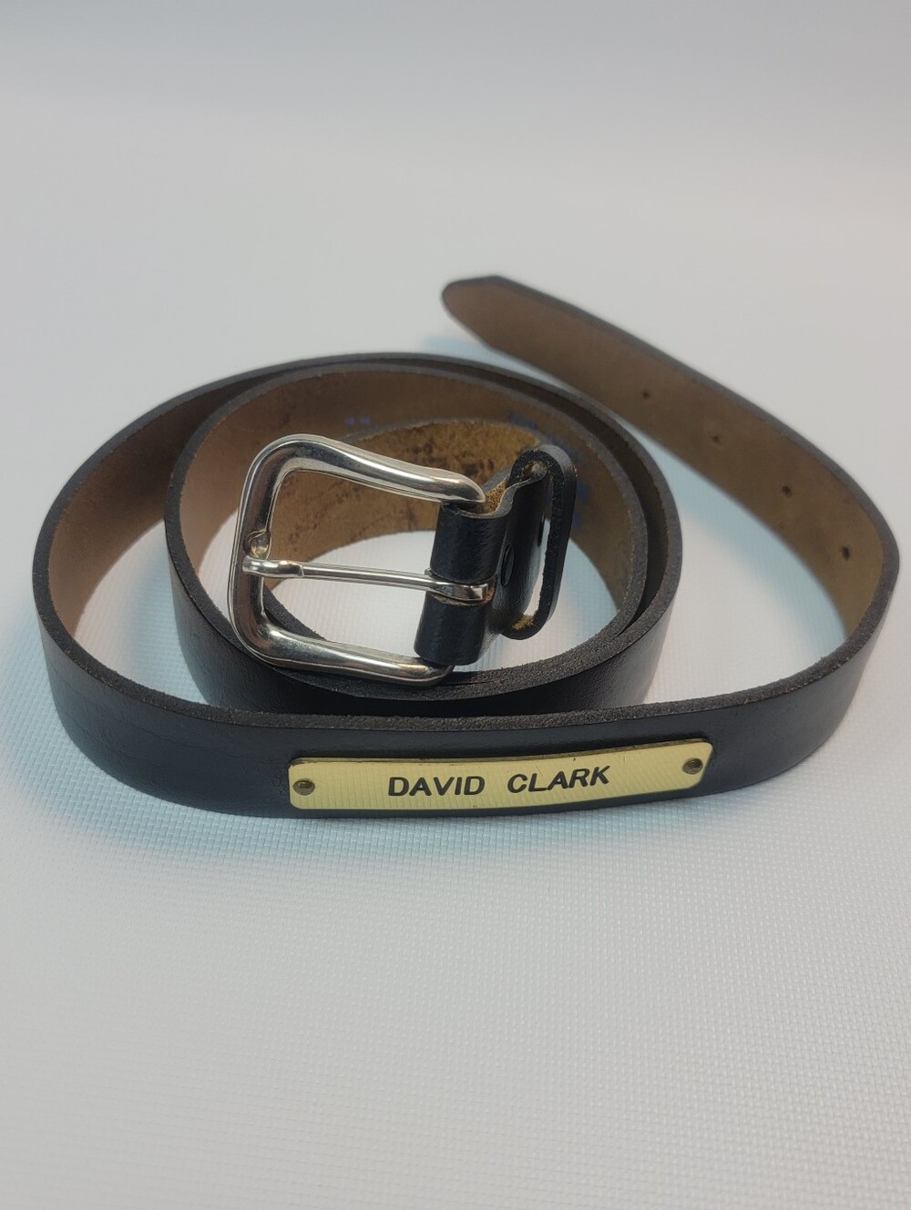 Mens 44 Black TopGrain OilTan Leather Belt Silver Buckle Nameplate "David Clark"